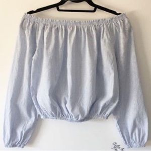Vintage blue pinstripe crop top off shoulder shirt casual women’s small preppy